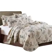 Nevenka Quilt Set 3 Pieces Queen Size Green Leaves Sparrow Printed Cotton Bed Cover