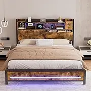 Levede Queen Bed Frame with RGB LED Lights, Charging Station, Industrial Storage Headboard,Under Bed Storage Space, Storage Shelves, Metal Slats Support, Easy Assemnly Platform Bed