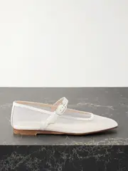 [Le Monde Béryl] Le Monde Béryl - Leather-trimmed Mesh Mary Jane Ballet Flats - White - IT40 IT 40 White