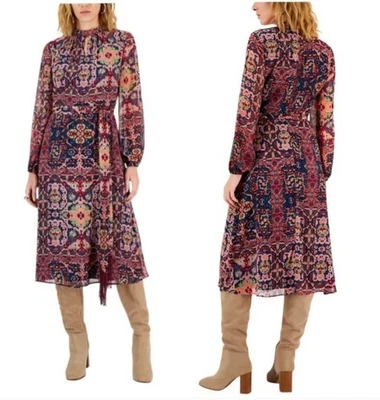 NWT Tahari ASL Tapestry-Print Chiffon Midi Dress WOMEN'S SIZE 14 LONG SLEEVE NEW
