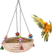 Natural Handwoven Straw Nest Bed Large Bird Swing Toy with Bells for Parrot Cockatiel Parakeet African Grey Cockatoo Macaw Amazon Conure Budgie Canary Lovebird Finch Hamster Chinchilla Cage Perch