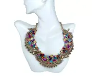 Betsey Johnson Mardi Gras Crystal Statement Necklace 20" Gold Tone Carnival