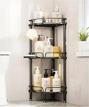 3-Tier Corner Shower Caddy Organizer with Adjustable Feet & 4 Hooks | Sturdy Rustproof Stainless Steel Bathroom Storage Shelf | Freestanding Floor Shower Organizer for Shampoo, Towels, Soap (Black)