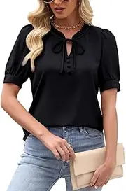 [CiCiBird] Womens Dressy Casual Blouses Elegant Business Work Tops Tie Front Puff Short Sleeve Shirt