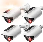 BNT Solar Powered Fake Security Camera, Bullet Shape Fake Surveillance Camera with Red LED Light for Night, Security Warning Sticker, for Outdoor Safety Alert (White 4Pack,Battery not Included)