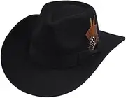 YFVFAGDMKV Classic Rolled Western Cowboy Hat Woolen Blend Fedoras Hat with Feather Decoration Curved Man Women Cowboy Hat(1)
