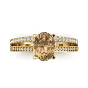 3.12 Oval Cut split shank Champagne Stone Bridal Promise Ring 14k Yellow Gold