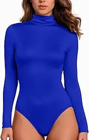 [Generic] Body Suit for Women Long Sleeve Mock Neck Sexy Thong Bodysuits Casual Stretchy Slimming Tops Y2k Going Out Clubwear, A- Blue, Small