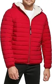 [Calvin Klein] mens Lightweight Packable Down Jacket With Fleece Bib and Removable Hood