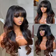 Human Hair 5x5 Closure 13x4 Lace Front Wig With Bangs Brazilian Hair Wavy Brown Multi-color Wig 130% 150% Density Ombre Hair 100% Virgin Glueless Pre-Plucked F