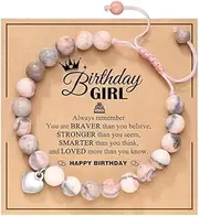 [Yiqicomle] Pink Natural Stone Bracelet, Girl Birthday Gift Pink Zebra Bracelet with Heart Charm & Sweet Message Card for Girls Daughter Granddaughter Niece, One Size, Stone, No Gemstone
