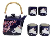 Blue Sakura Cherry Blossoms With Rabbit Hexagonal Teapot With 4 Tea Cups Set