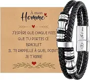 [Lantine] Ich Liebe Dich 21 cm Leather Bracelet Men's Black Braided Leather in Double Loop Bracelet for Men Son Brother Dad Fathers with Magnetic Clasp