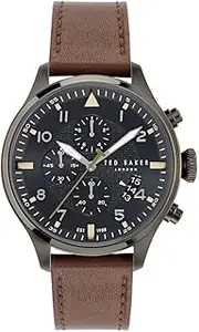 [TED BAKER] Men's Fulmaar IP Gunmetal Case, Black Dial, Brown Leather Strap BKPFMF405 Dress Watch, Black/Gunmetal, 44mm
