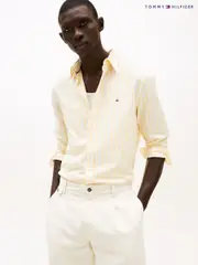 Tommy Hilfiger Cream Regular Fit Flex Poplin Stripe 100% Cotton Shirt (F55145) | $196