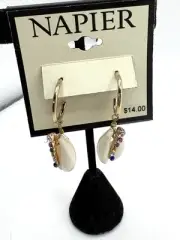 Napier Gold Tone Rhinestone & Shell Dangle Pierced Earrings NWT