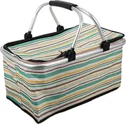 Insulated Shopping Picnic Basket with Handle Reusable Grocery Holder for Fruits Vegetables Snacks Durable Striped Design for Outdoor Travel Use