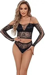 [Generic] Rave Outfit For Women, Off Shoulder Long Sleeve Top Two Piece Fishnet Bodysuit, Sexy Lingerie Set Boudoir Club Dancer