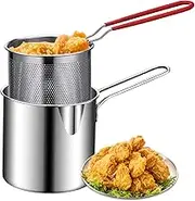 Deep Fryer Pot with Basket 2Pcs/Set 1.2L Handled Stainless Steel Chip Pan Uncoated Mirror Polished Brushed Frying Pots for French Fries Fish Chicken
