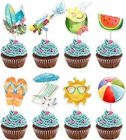 40PCS Summer Beach Cupcake Toppers Pool Party Hawaiian Theme Cake Picks with Beach Ball Sun Umbrella Coconut Watermelon Water Gun Cake Decorations for Summer Birthday Tropical Luau Party Supplies