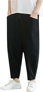 [Parise] Tapered Harem Pants for Big & Tall Men Polyester Breathable Loose Solid Color Drawstring Waisted Straight Leg Trousers