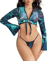 [Avidlove] Lingerie Sets for Women Sexy Going Out Sheer Top Long Sleeve Mesh Crop Tops See Through Bell Sleeves Top