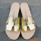 Women's Designer Cutout Gold 100% Top Grain Leather Flat Slip On Sandals Slides