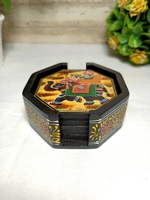 Wooden Hand painted Coaster Set in Mughal Art with Holder, Glass Coasters 6 Set