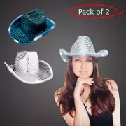 LED Cowboy Hat Light Up Sequin – White & Teal, Party/Festival Accessory Cowgirl