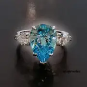 4CT Pear Shape Real Aquamarine 14K White Gold Over Wedding 3-Stone Jewelry Ring