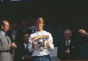Swedish tennis player Stefan Edberg pictured holding the trophy a - Old Photo