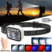 USB Rechargeable LED Headlamp Wave Sensor Head Light Torch Clip Red/Blue/UV Lamp