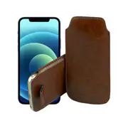 MEZON Pull Tab Slim Pouch for iPhone 13 Mini (5.4") PU Leather Sleeve Case - Brown
