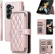 [XIMAND] for Samsung Galaxy Z Fold 5 Zipper Wallet Case with Card Holder, 9 Card Slots Large Capacity and Multiple Style Lanyards.(Rosegold)