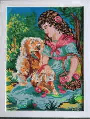 Hand Embroidered picture Picture Needlework Handmade,Unique "Girl with Dogs"