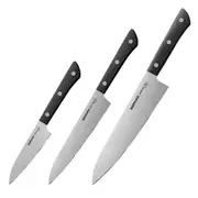 Samura HARAKIRI Set of 3 Kitchen Knives Black Handle: Paring Knife Utility Knife Chef Knife