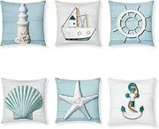 Tatuo 6 Pieces Ocean Beach Pillow Covers 18 x 18 Inch Nautical Summer Sea Theme Cushion Covers Starfish Lighthouse Sailboat Anchor Sea Shell Coastal Throw Pillow Cases for Home Bed Decoration