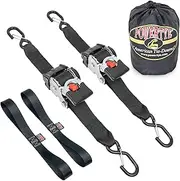 PowerTye 2in x 10ft Retractable Heavy-Duty Ratchet Tie-Downs w/Latch Hooks - includes Soft-Tyes and Storage Bag - 800 lb Working Load Limit / 2,400 lb Breaking Strength - Black (Pair)