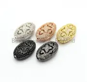 CZ Micro Pave Oval Spacer Beads with Flower Pattern, Clear/Black CZ Pave Beads