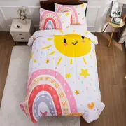 o1497 Lightwe-ight So-ft 3 Piece R-ainbow Comfort-er Set with 2 Pillo-w Covers, Cartoon Lo-ve Hearts Suns -and Stars Bedding Set- for Girls Boy-s Kids
