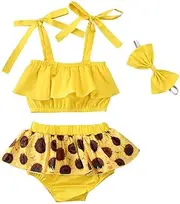 [Emmababy] Newborn Baby Girl Sunflower Clothes Ruffle Strap Lace Up Crop Tops+ Bloomer Shorts Skirt+Headband 3PCS Outfit Set