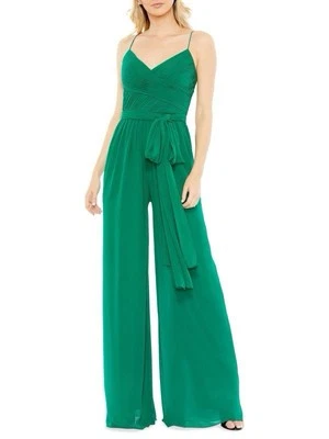 MAC DUGGAL Ruched Wide Leg Belted Jumpsuit Emerald Size Small NWT