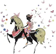 Pinenjoy Flower Fairy Girl Riding Horse with Butterfly Flower Wall Decals Elf Wall Sticker 35.4x32.6inch Removable Vinyl Wall Cling for Kids Nursery Bedroom Living Room Sofa TV Background Decoration
