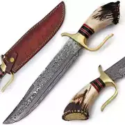 Custom Hand Made Damascus Steel Bowie Knife With Stag Crown Handle, Sheath