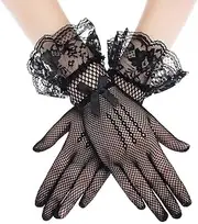 [Ｗoowayo] Women Lace Gloves, Elegant Flouncing Cuff Design Short Gloves, Wrist Length Floral Mesh Gloves Fishnet Gloves for Bridal Wedding Opera Evening Tea Party Fancy Costume (Black)