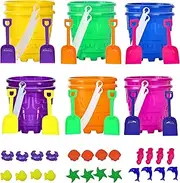 12 Sets 5.75" Sand Buckets, Shovels, Sand Molds for Kids Bulk (12 Packs) Small Beach Bucket for Beach Summer Toys, Party Favors. Includes 12 Pails, 12 Shovels, 24 Mold Shapes
