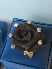 size 9 BIG BLACK MESH ROSE FLOWER LADIES VINTAGE UNIQUE RING 925 STERLING SILVER