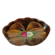Vintage Hawaiian Wood Salad Serving Bowl & Spoon 7 Pc. Set Made In Philippines