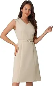 [Allegra K] Women Work Dresses V Neck Sleeveless Office Dress with Belt