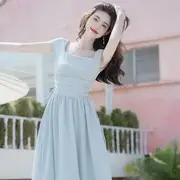 Cap-Sleeve Square Neck Plain Drawstring Maxi A-Line Dress Light Blue - XL